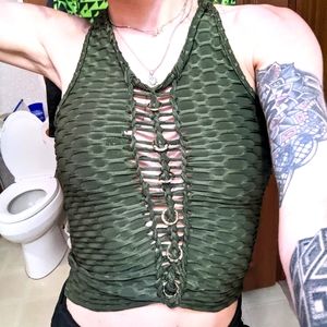 Handmade weave braided green top with gold rings
